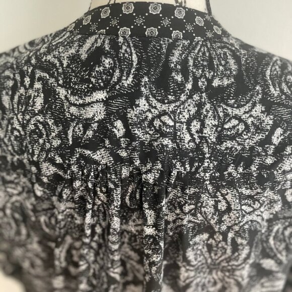 BOHO EMO BLACK & WHITE KIMONO BLOUSE 3/4 SLEEVE COLLARLESS SHAKET SZ 6 PREPPY - Picture 10 of 15